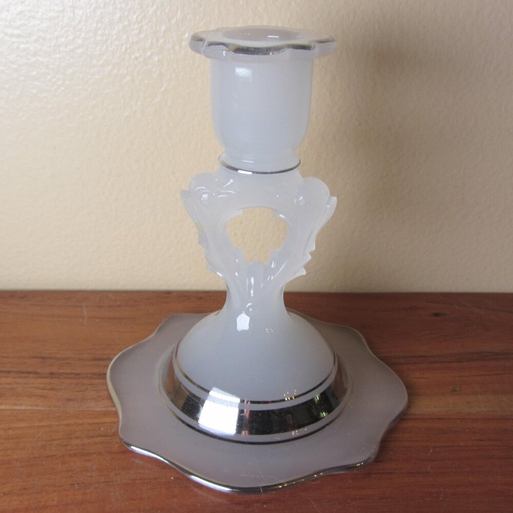 vintage beaumont glass candlestick holder keyhole white silver trim (H275)